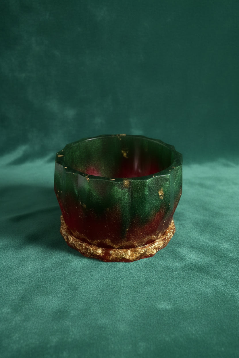 Handmade Emerald Planter with Gold Leaf Tray