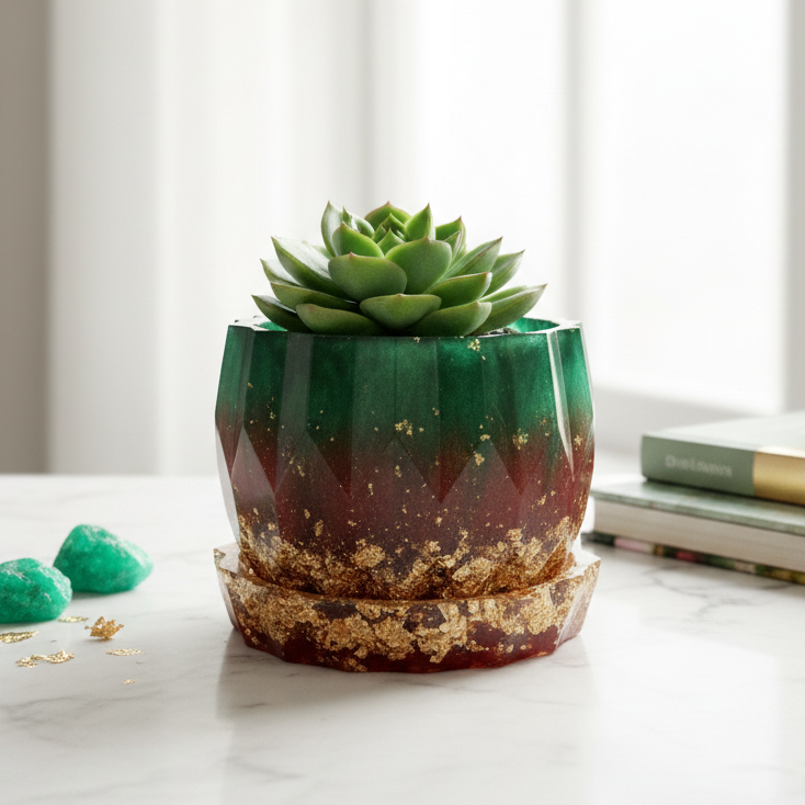 Handmade Emerald Planter with Gold Leaf Tray